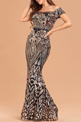 Elegante vestido de noche formal de sirena con hombros descubiertos